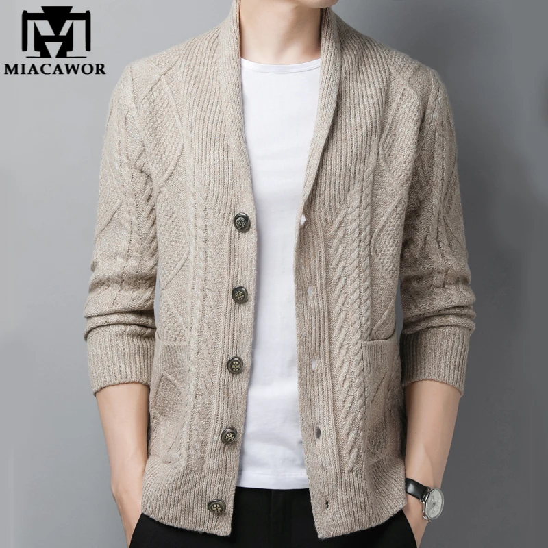 Мужской теплый шерстяной кардиган приталенный трикотажный свитер одежда для