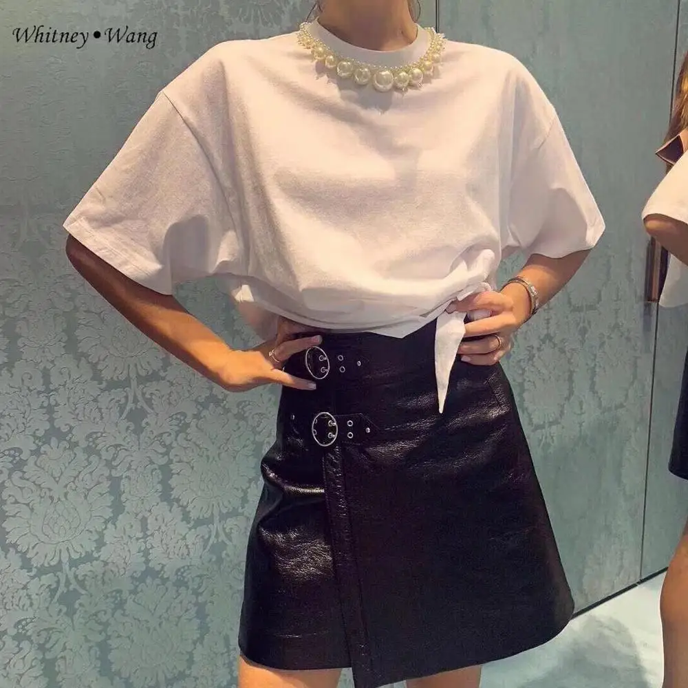 Женская футболка с жемчугом WHITNEY WANG летняя модная уличная одежда вырезом бисером