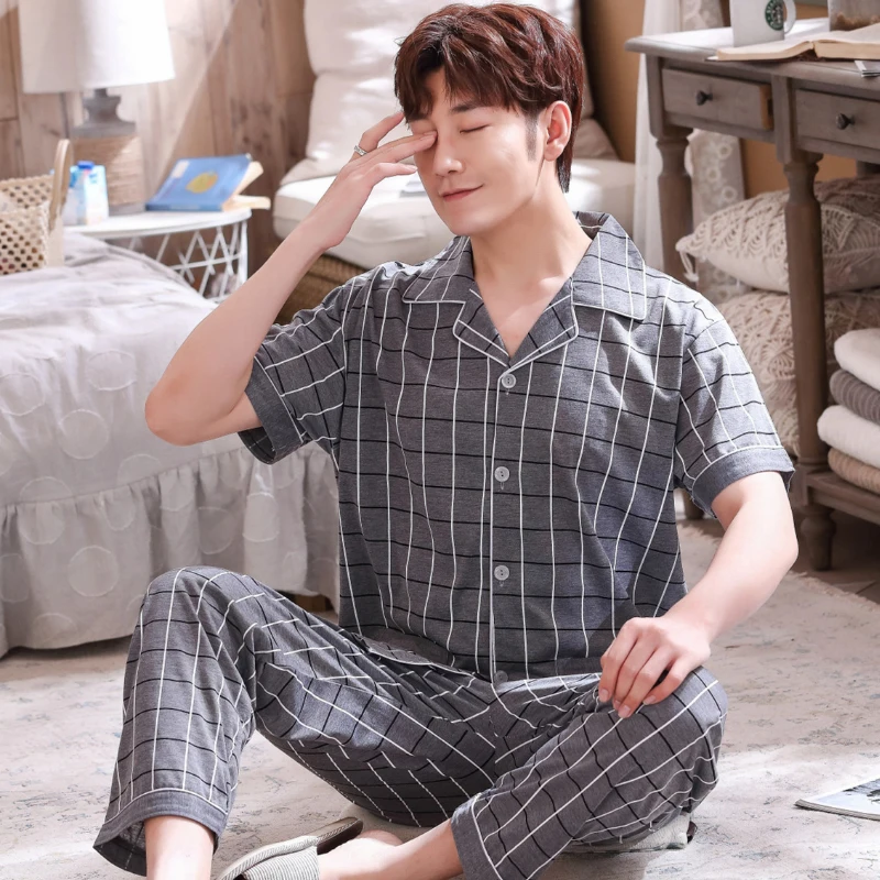 Полосатые хлопковые Для мужчин с длинным рукавом пижамный комплект весна