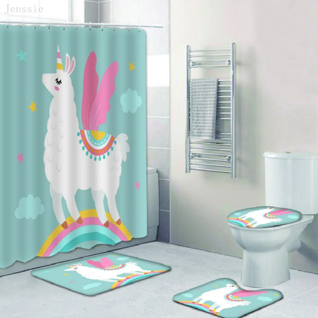 Miglior Tema Natalizio Cartone Animato Tessuto Tende Da Doccia Set Di Tende Da Bagno Tappeti Antiscivolo Coperchio Del Coperchio Tappetino Set Di Tappeti Decorazioni Per La Casa