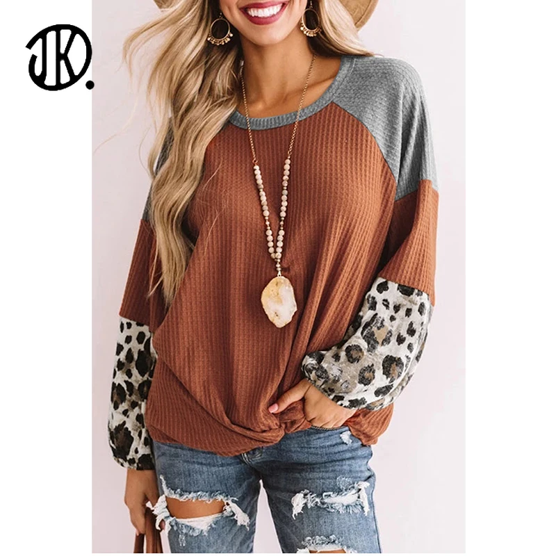 

Women's Clothing Tops & Tees T-shirts High Street Style Leopard Print Patchwork T-shirt Spring/autumn Long-sleeve Casual Top