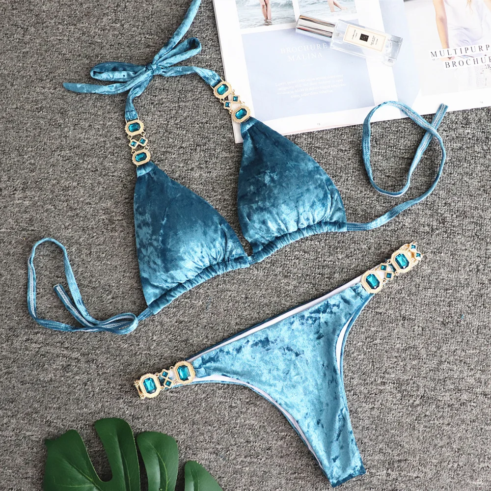 

2021 New Fashion Blue Gold Velvet Female Split Swimsuit Lace Sexy Crystal Diamond Bikini Blue