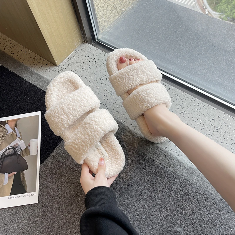 

Fluffy Home Slippers Women Faux Fur Slippers Comfort Furry Slides Open Toe Slip On Soft Slippers House Floor Plush Warm Shoes
