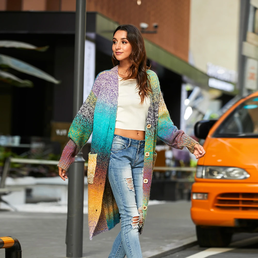 Женский свободный кардиган в радужную полоску с длинным рукавом и карманами