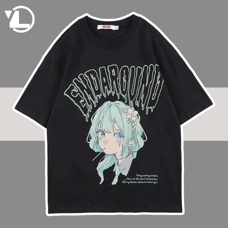 

Anime Girl Print T-shirt Men Letter Casual Baggy Japanese Harajuku College Style Tee Tops Summer Streetwear JK Cotton T Shirts