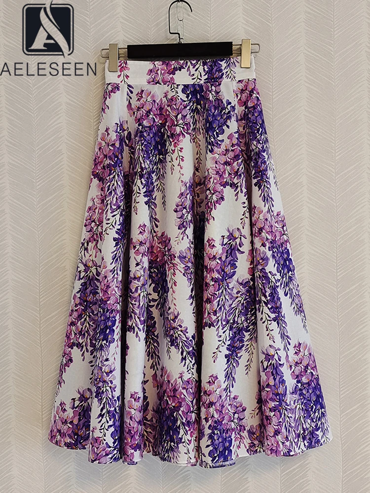 AELESEEN Sicilian 100% Cotton Skirt Women Runway Fashion Purple Flower Print Elegant Long Party Vacation