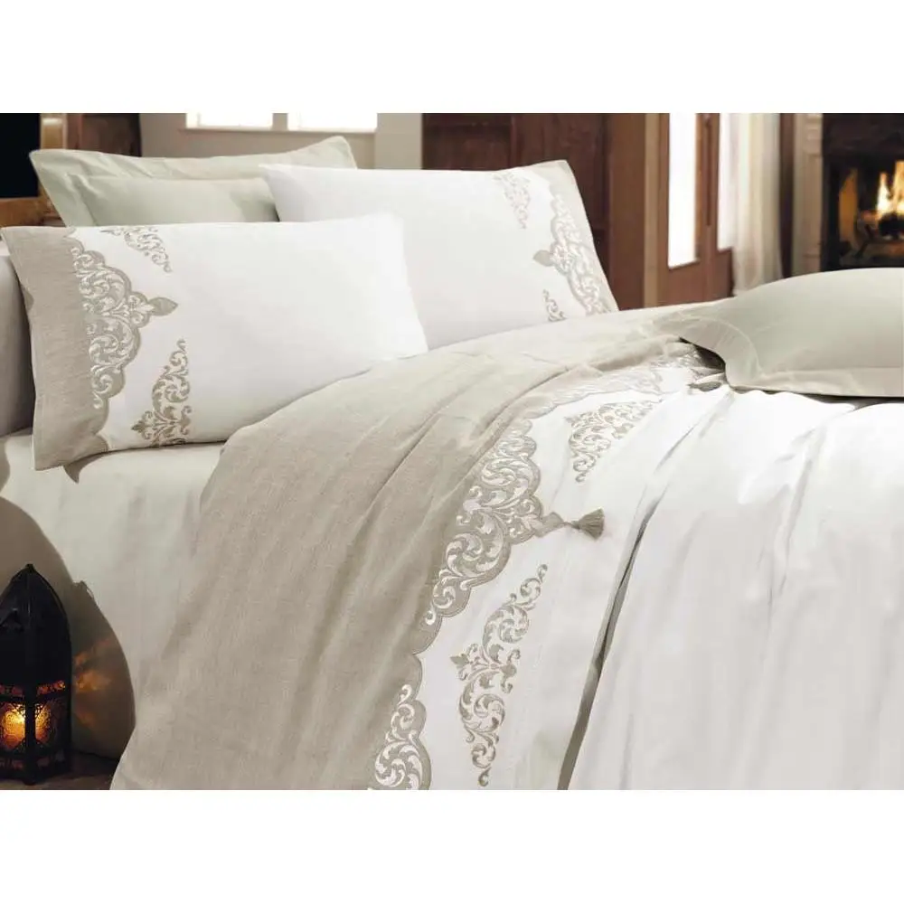 

Ruching Ceren Embroidered Tassels Cotton Satin Duvet cover set White