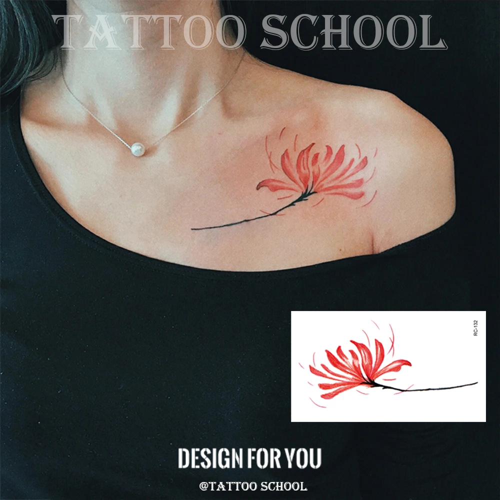 Higanbana Flower Ins Водонепроницаемая временная наклейка для татуировки в ярких цветах на ключице руки для женщин девушек женского пола.