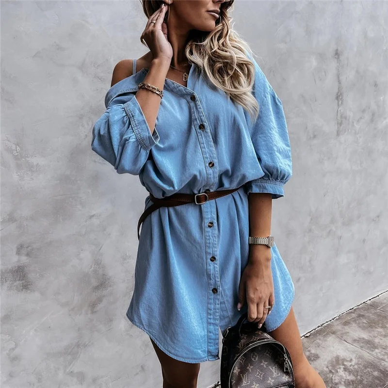 

Loose Sling Half Length Lantern Sleeve Denim Shirt Dress 2021 Fashion Mini Dresses Women Sexy Off Shoulder Single Breasted Dress