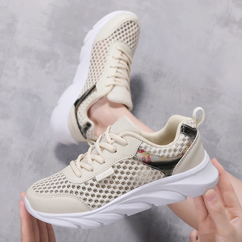

2021 Summer Breathable Mesh Hollow Flat White Sneakers Mujer Women Running Shoes Tenis Feminino Air Mesh Lace-up Shoes
