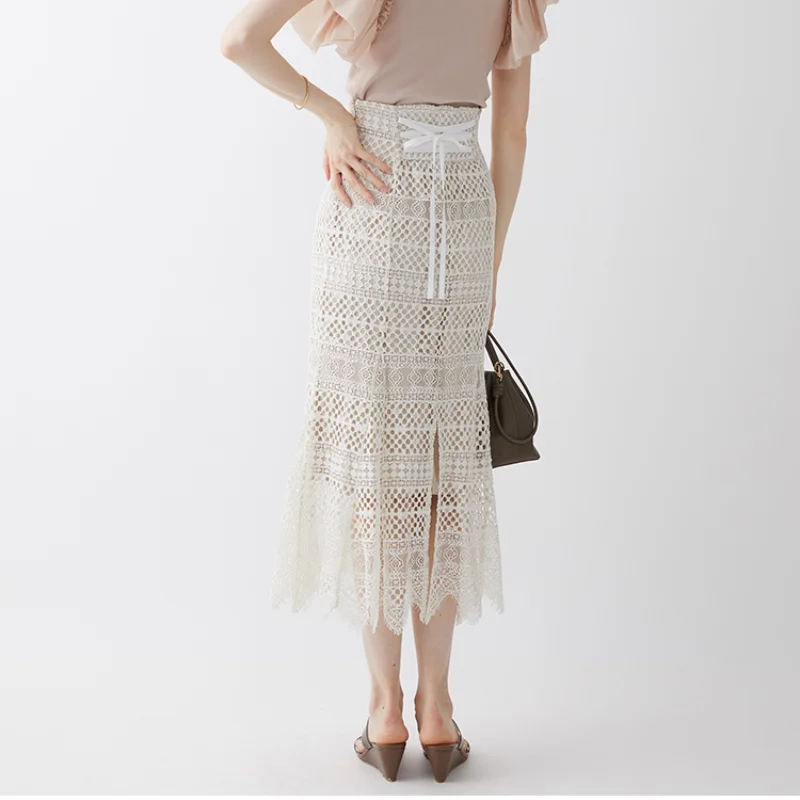

Japan Style Temperament Bodycon Trumpet Skirt Elegant Hollow Out Lace Faldas Mujer 2021 New High Waist Mermaid Jupe Feminino
