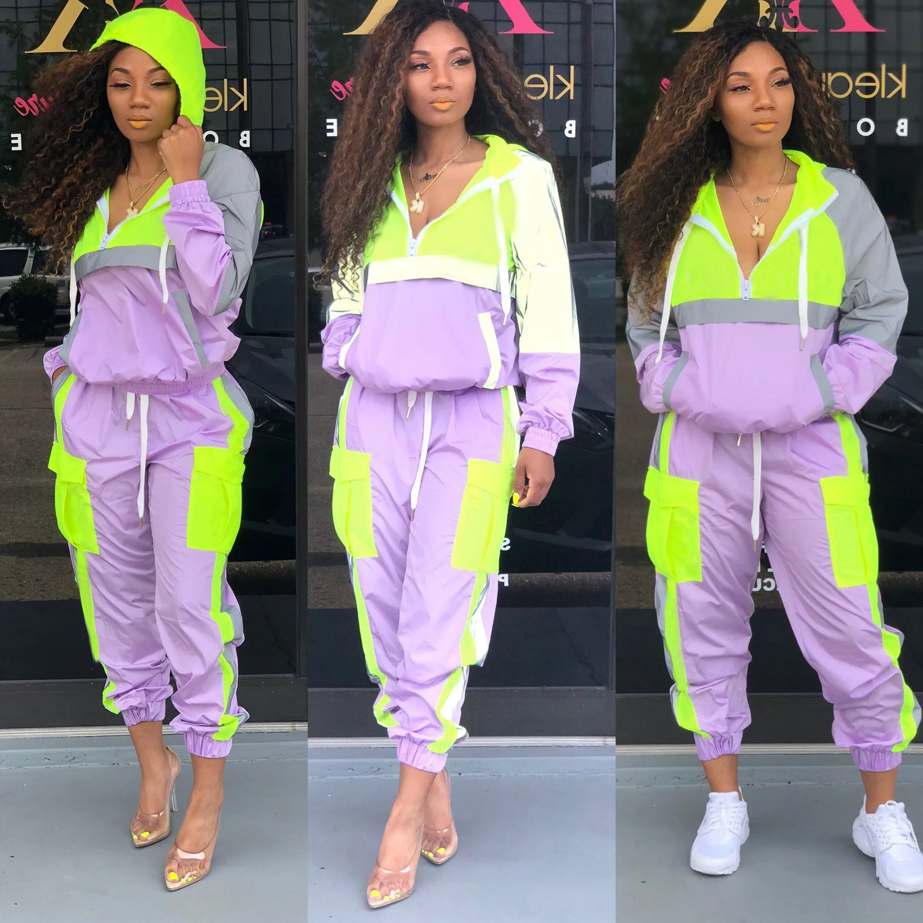 

Donsignet Fashion Women's Suit New Spring Casual Hooded Collar Pullover Stitching Reflective Regular Trousers Two-piece Suit