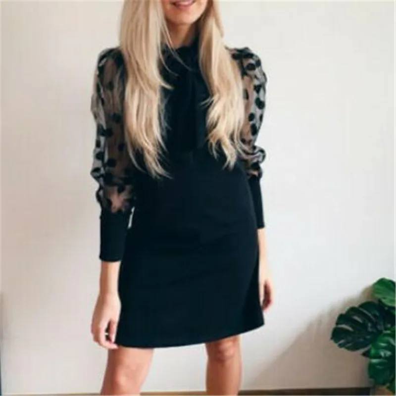 Women Mesh Sheer Polka Dot Midi Dress Long Puff Sleeves Casual A-line Evening Party Clubwear Female Black Spring Autumn Vestido | Женская