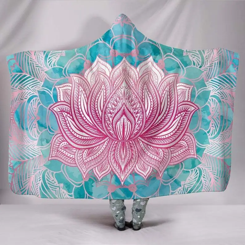 

Magical Pink Lotus, Vegan Blanket, Hooded Blanket, Floral, Multi Colored, Yoga Meditation, Plush Sherpa Fleece,