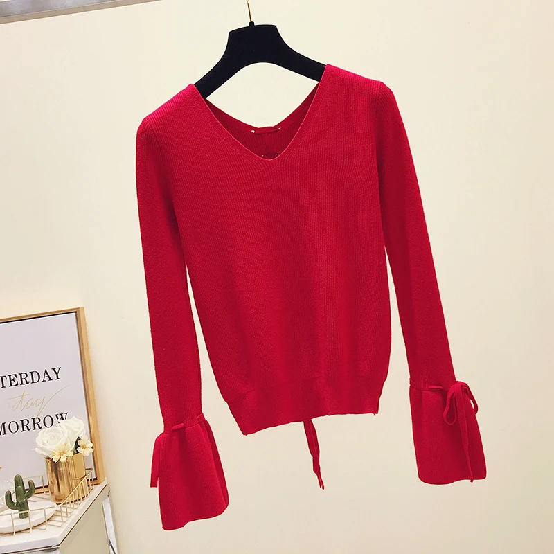 Женский вязаный свитер с v-образным вырезом пуловер на осень и зиму облегающие