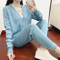 springautumn 2 piece outfits for women pants and top fashion casual v neck knit two piece set slim women clothing high quality