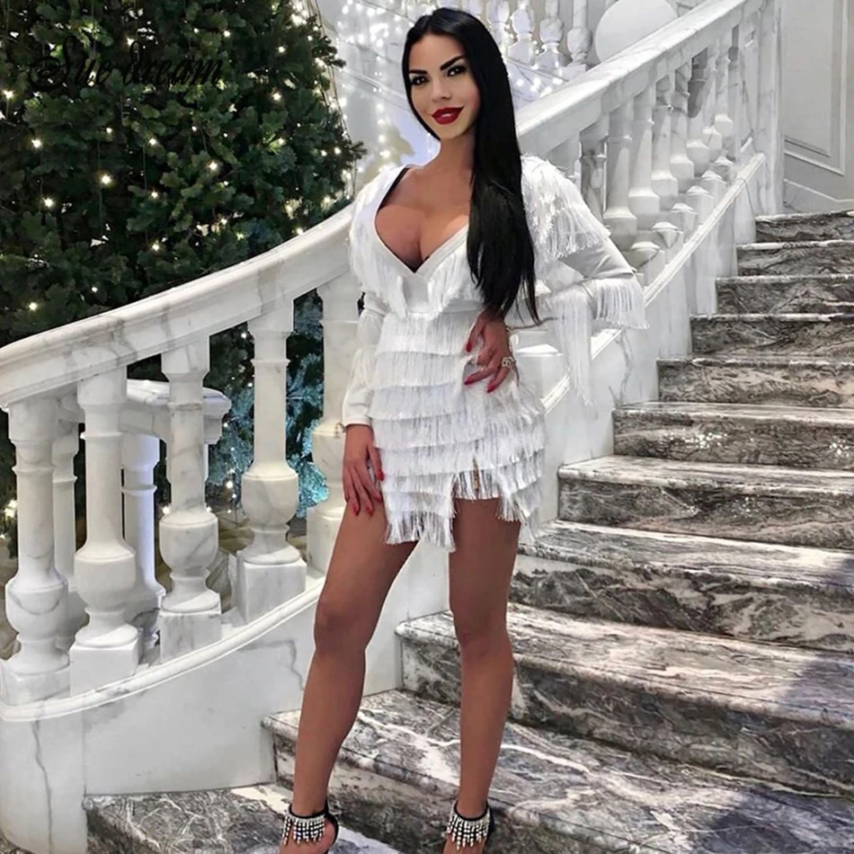 Женское Бандажное платье с длинным рукавом и v образным вырезом красное белое