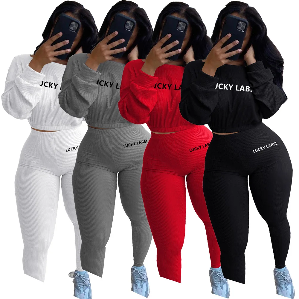

Lucky Label 2 Piece Set Women Crop Top Leggings Casual Sweet Knitted High Stretch Bodycon Jogger Outfit Wholesale Dropshipping