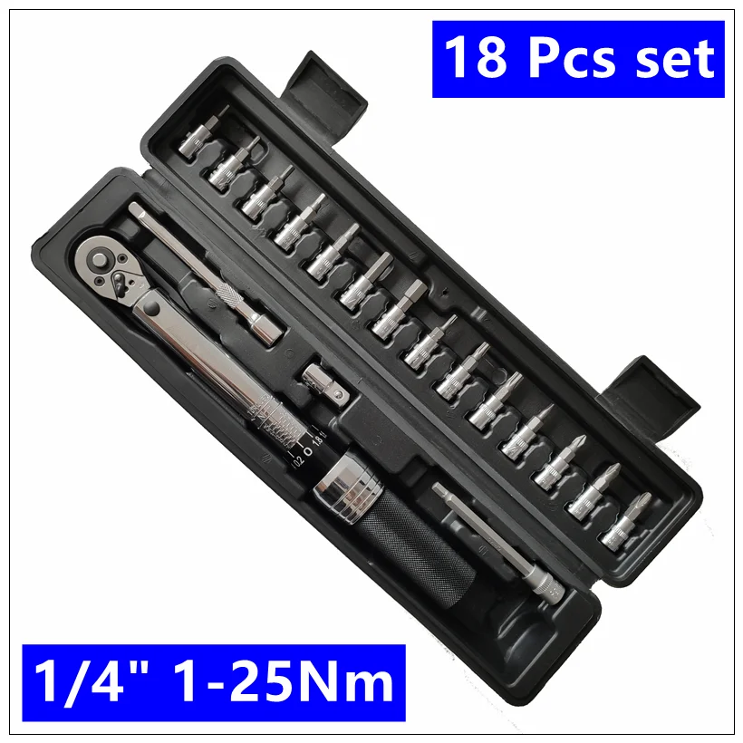 18 Pcs Set 1 -25Nm MXITA 1/4 дюйма 1-25NM нажмите ключ с регулируемым крутящим моментом набор инструментов для ремонта велосипеда гаечный ключ набор ручных инструментов - Цвет: 18 Pcs Set 1 -25Nm