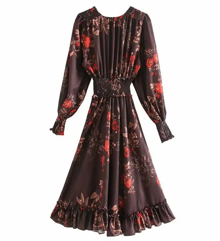 Женское винтажное платье с длинным рукавом длинное поясом на резинке и оборками