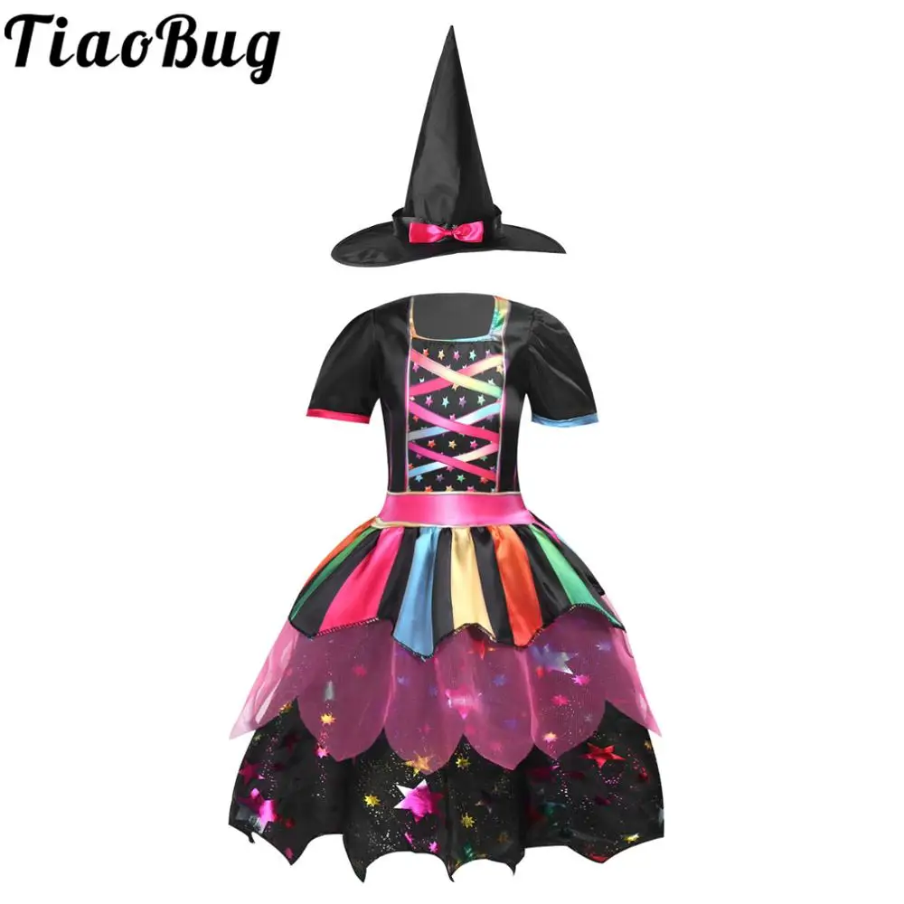 

Детский костюм ведьмы для косплея на Хэллоуин для девочек, блестящее Серебряное платье с принтом звезд, одежда для ролевых игр, карнавал с т...