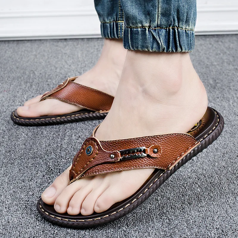 Летние новые стильные вьетнамки из воловьей кожи повседневные кожаные Вьетнамки