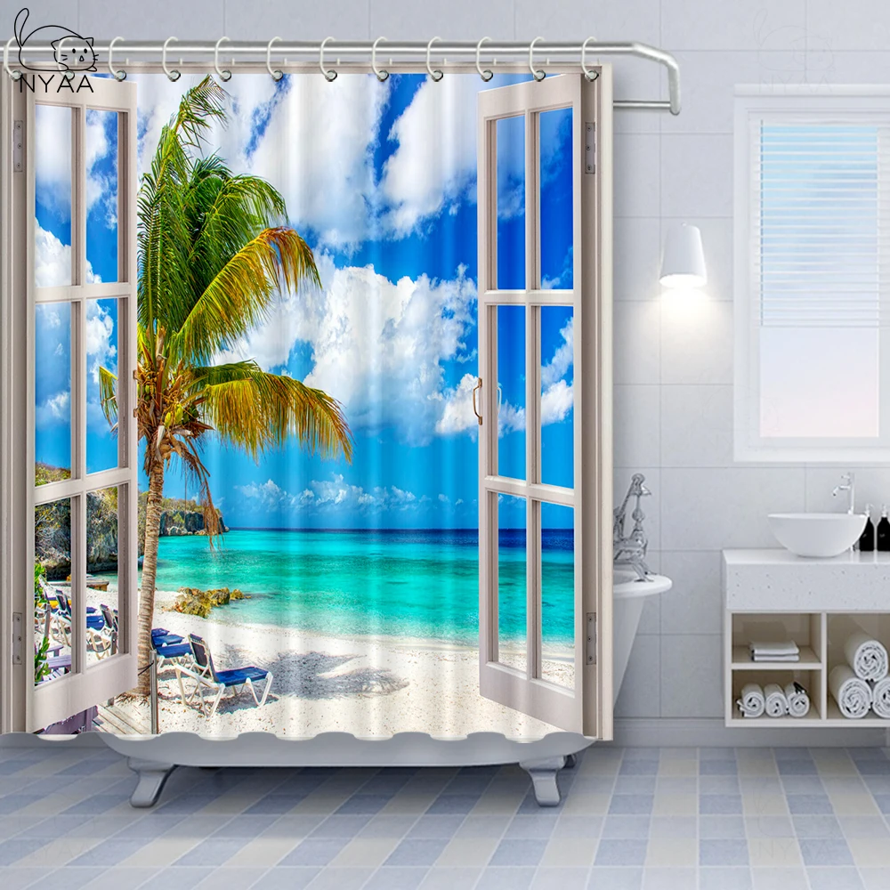 

NYAA 3d Sea View Pattern Shower Curtains Sunset Glow Outside The Window Bathroom Curtain Beach Scenery Waterproof Bath Curtain