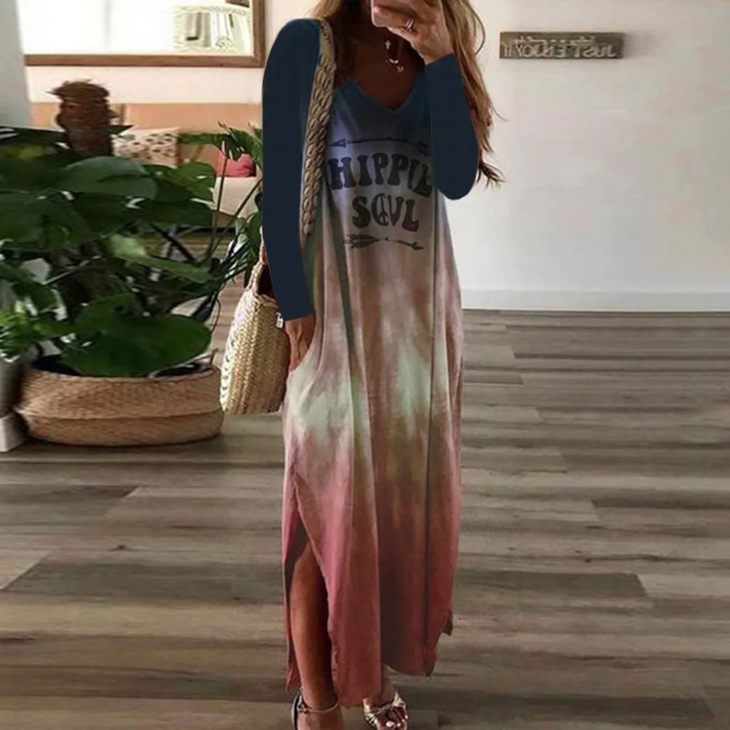 Женское платье макси с длинным рукавом CHAMSGEND повседневное Свободное длинное