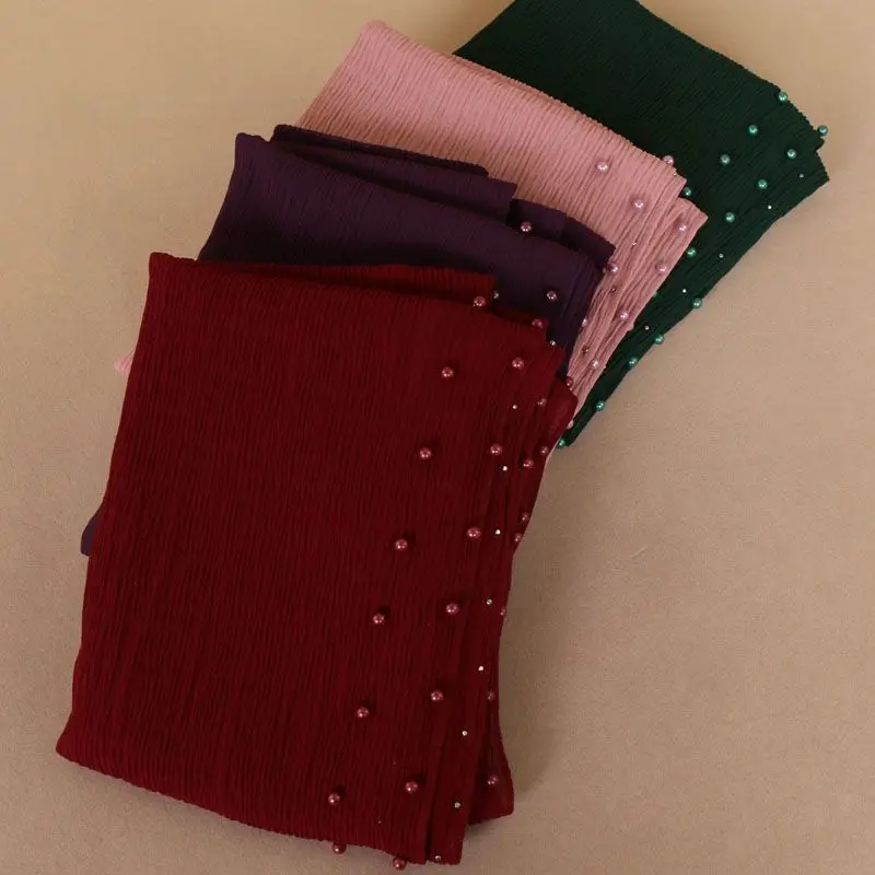 Плотная против морщин и жемчужной нитью пузырь шифон хиджаб шаль леди высокое