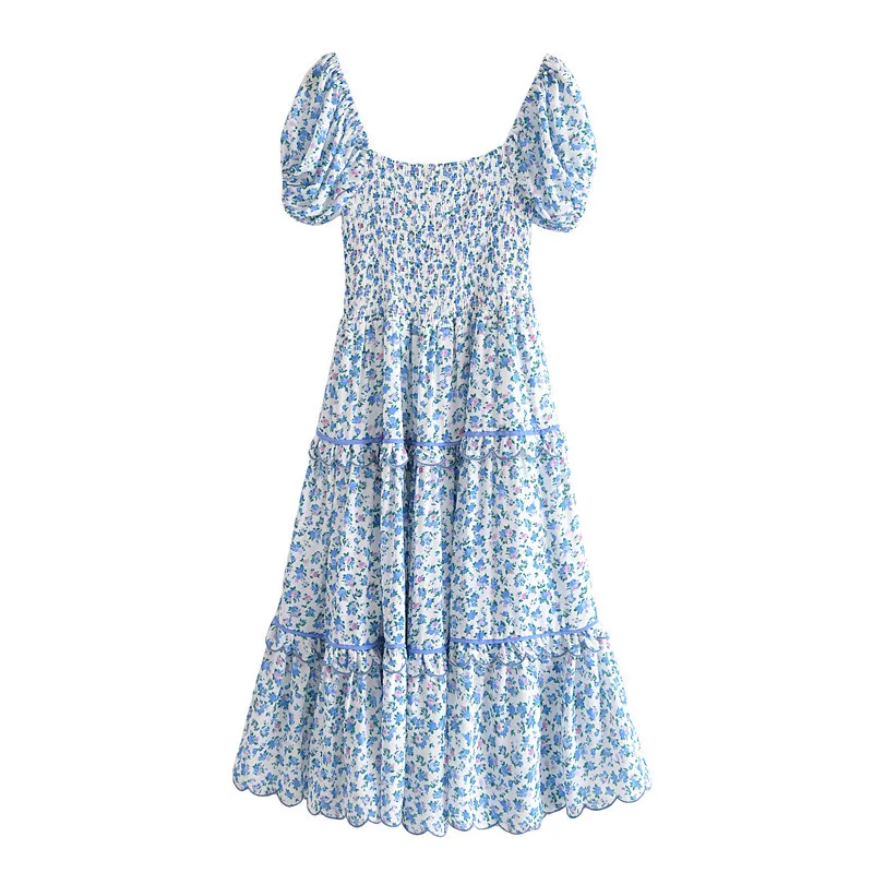 

Bohemian Blue Floral Printed Midi Dresses for Women 2021 Summer Vintage Draped Puff Sleeve Pleated Dress Vestido Casual