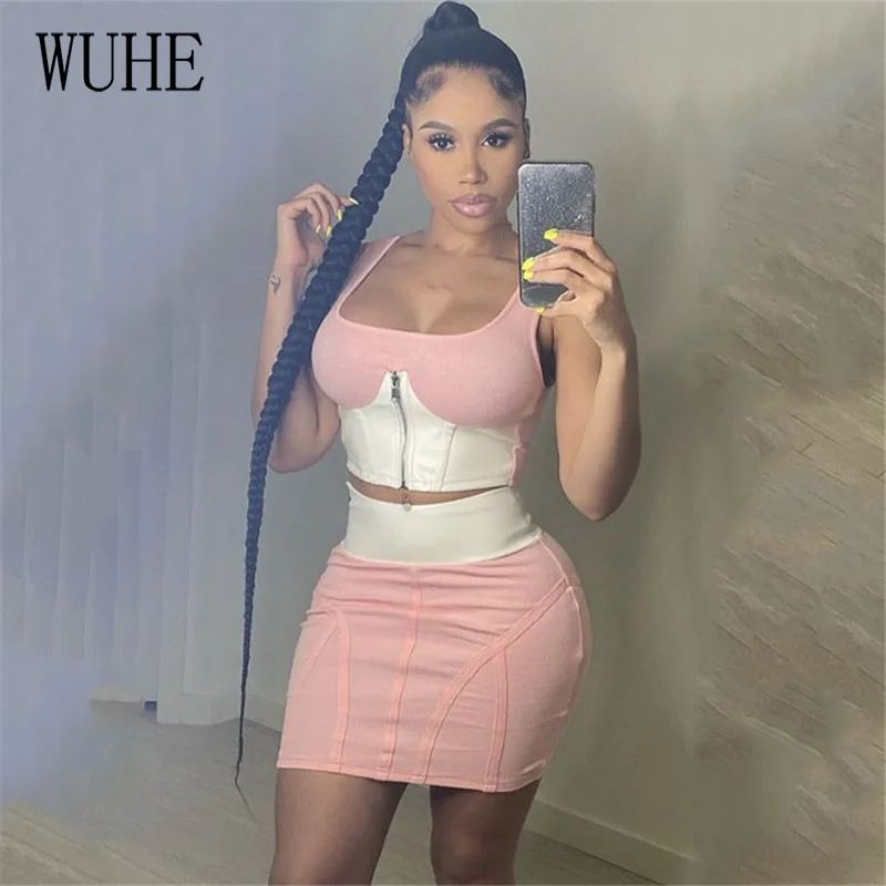 

KEXU Causal Two Piece Sets Sleeveless Square Collar Zipper Up Tanks Top + Package Hip Skinny Mini Skirts Nightclub Party Outfits