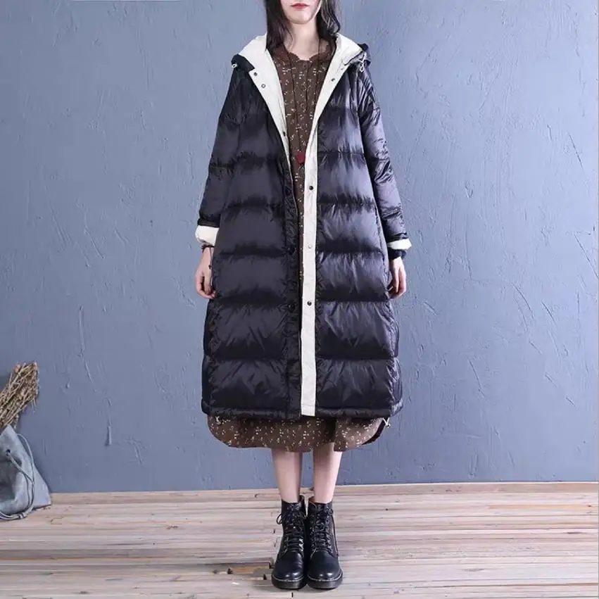 Winter oversized Warm fluffy Duck down coat female Long Down Warm Jacket hit color Hooded thick warm Parkas F2066