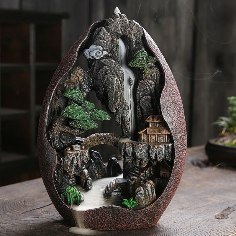 Mountain Rivers Waterfall Incense Burner Creative Resin Smoke Backflow Censer for Home Bedroom Office Decoration