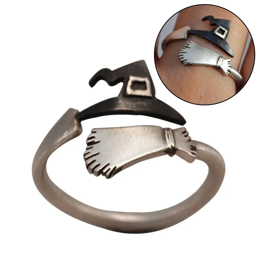 Симпатичная Женская Хэллоуин ведьма шляпа метла открытый перстень регулируемое