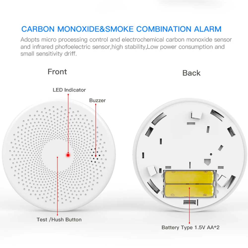 WIFI 2 in 1 Smoke Carbon Monoxide Combo Detector CO Gas Alarm Sensor 85DB Sound Tuya Smart Security System | Безопасность и защита