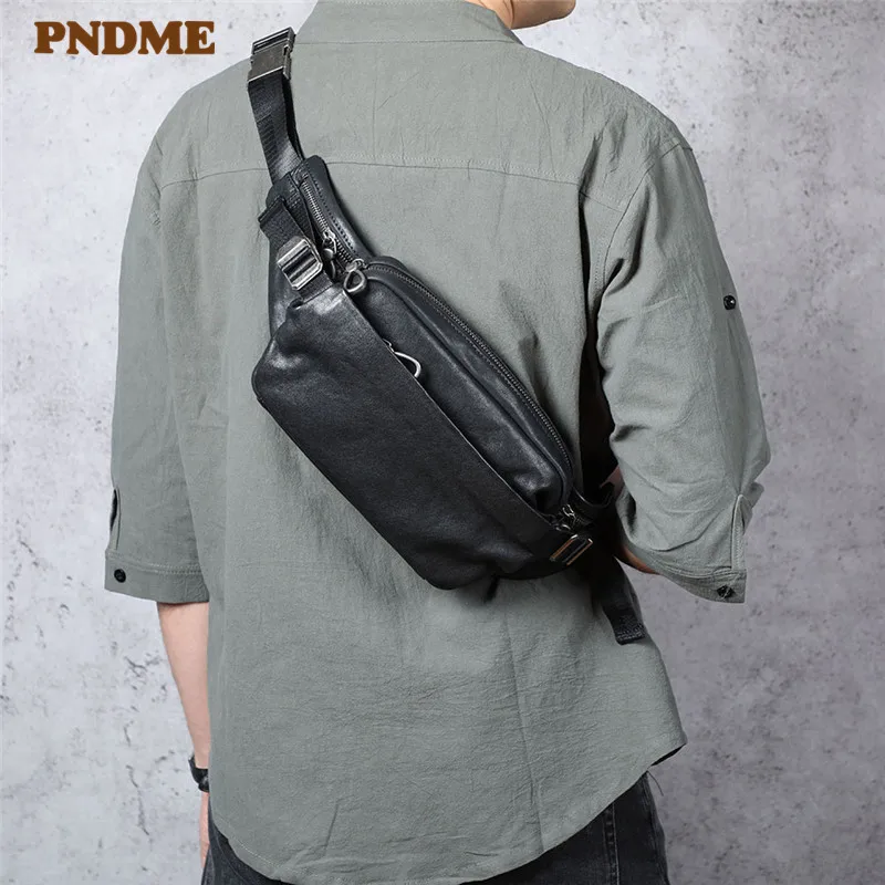 Casual fashion designer genuine leather men's black chest bag natural soft first layer cowhide waist pack daily messenger bag