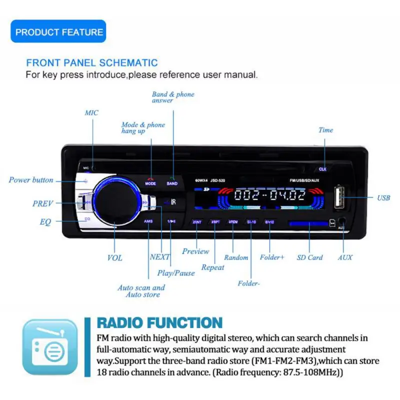 Автомобильный стерео JSD520 Bluetooth V2.0 12V In dash 1 Din FM автомобильное радио ISO power Aux вход