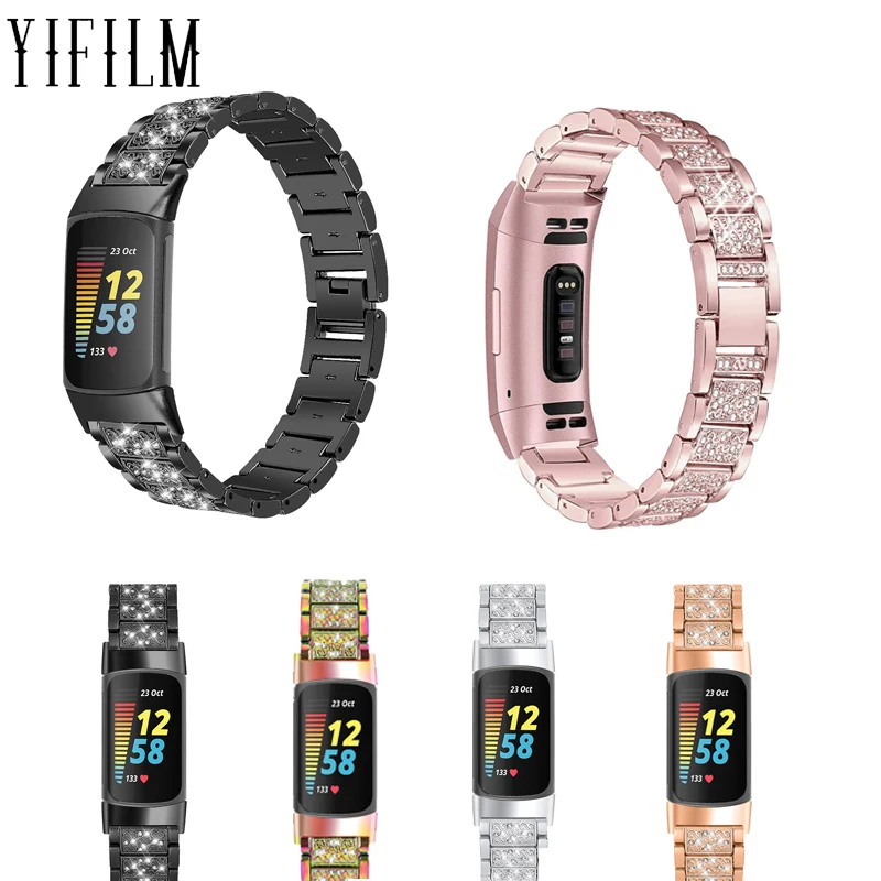 

Однотонный ремешок для часов, подходит для Fitbit Charge 5 Charge5, металлические ремешки со стразами, модный прочный сменный Браслет