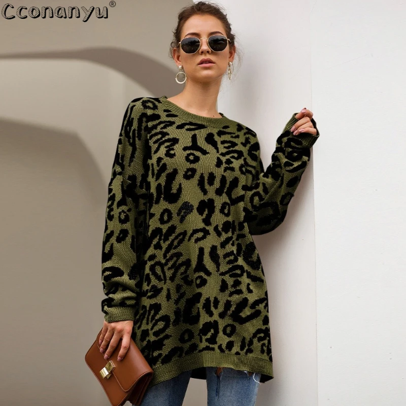 2019 autumn winter clothing ladies long sweater fashion womens loose pullovers and sweaters leopard print knitted sweater free global shipping