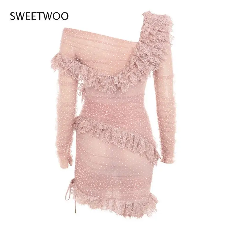 

Summer Women's Lace Frill Bandage Dress Mesh Sexy Off-Shoulder Long-Sleeved Pink Lace Tight Dress Party Polka Dot Dress