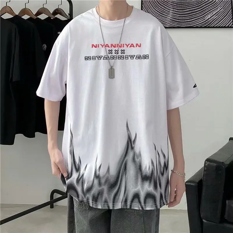 

4 Colors Summer T-shirt for Men Thin Casual All-match O-neck Tops Short Sleeve Shirt Loose Tie-dye Flame T-shirt Male Clothes