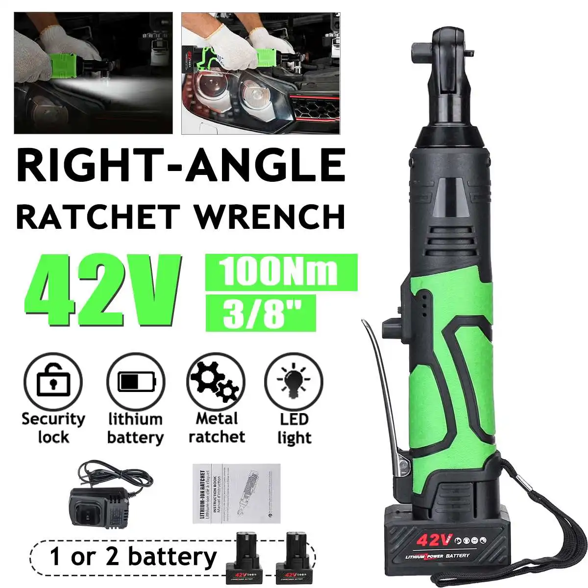 

100N.m Brushless Electric Wrench 42V Cordless Ratchet Rechargeable Scaffolding Right Angle Wrench 3/8" With 2 Battery Charger