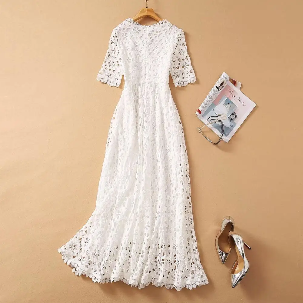 

Lace Spring Summer 2021 Women Runway Fashion White Dress Hollow Out v-neck Slim Elegant Long Dresses