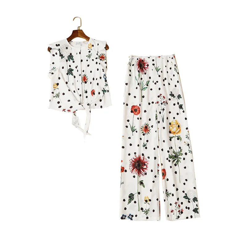 

European new summer 2021 women's round collar short sleeve printed book buckle with straight jacket + pants suit