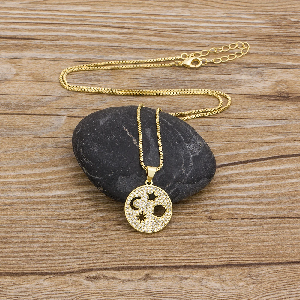

2020 Hot Sale Classic Luxury Round Necklace Copper CZ Crystal Star Moon Pendant Chain Necklace Charm Women Girls Jewelry Gift