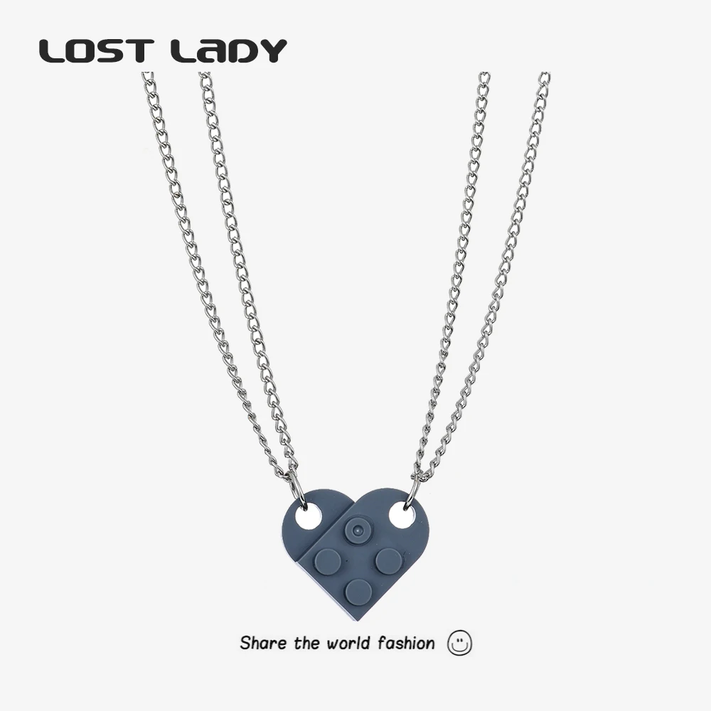 

Lost Lady 2021 Cute Heart Necklace Brick Pendant Couple Girl Boy Elements Valentine's Day Jewelry Gift 2pcs Friendship Necklace