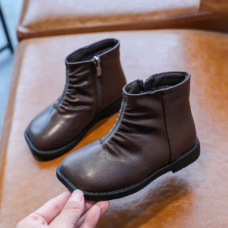 

Children Wram Cotton Short Boots Girls Fashion Boots Martin Folds Square Toe Boots for Kids Leather Shoes Size 27-37 Warm Cotton