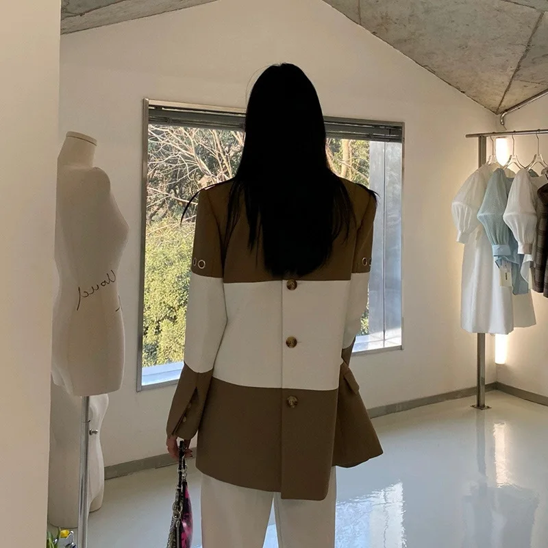 

Korean Fashion Ladies Patchwork Button Outcoat Spring Autumn New Womens Casual Single-breasted Casual Loose Splid Sleeve Blazers