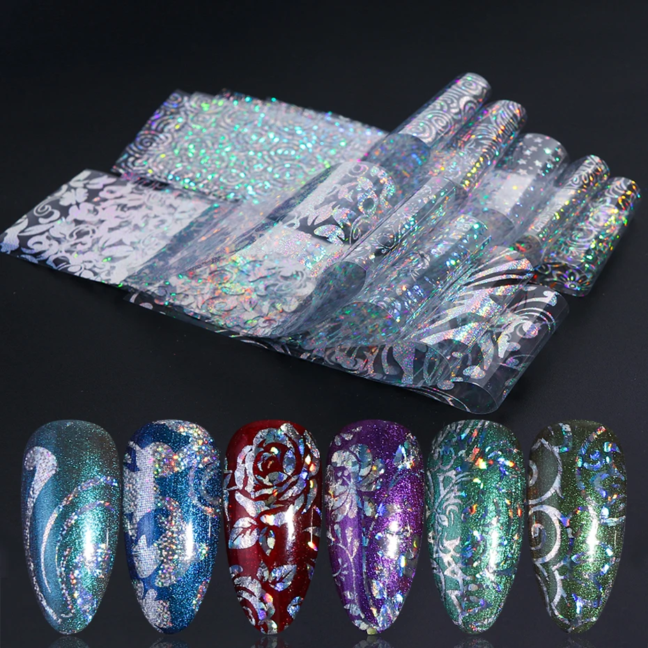 10pc Holographic Foils Nail Transfer Wraps Lace Flower Snowflake Clear Black Adhesive Sticker Set Nail Foil Gradient Tips CH1040