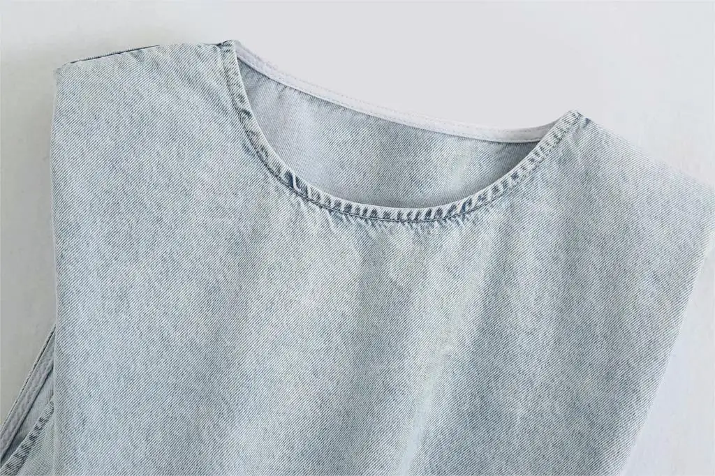 Женская Джинсовая блузка с круглым вырезом без рукавов|Блузки| |